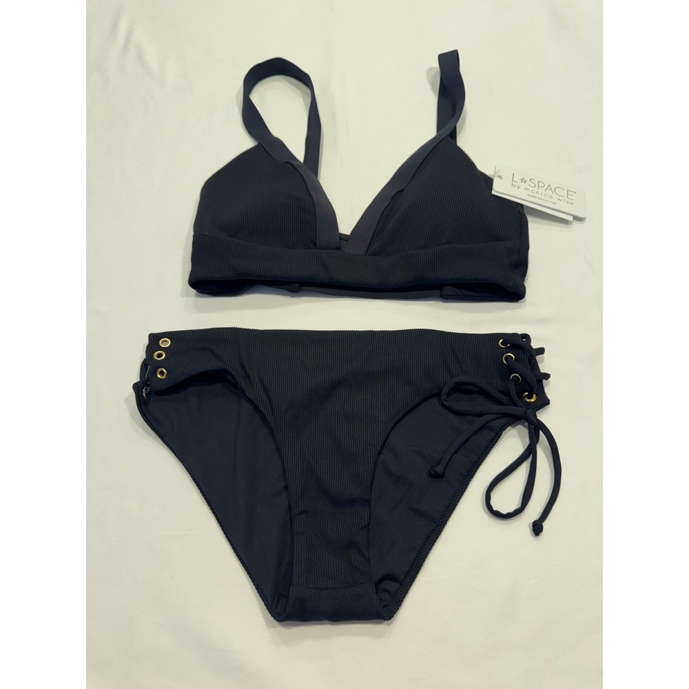L*Space Bikini Set Ribbed Lace Up Side Grommet Small Black New With Tags NWD